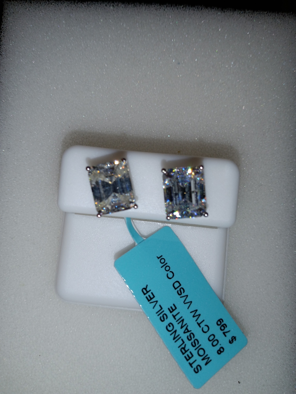 Emerald-Cut Clear Moissanite Stud Earrings - Sterling Silver Big Beautiful - Picture 2 of 3